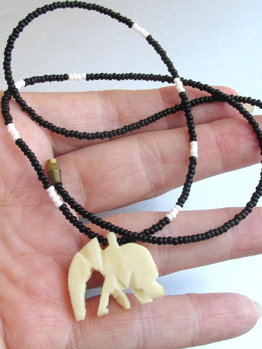 Vintage Carved Celluloid ELEPHANT Pendant on Small Black Bead Necklace